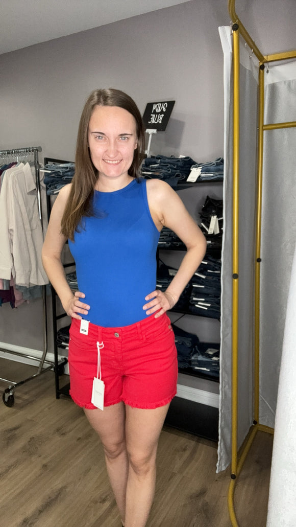 JB Mid-Rise Red Fray Shorts
