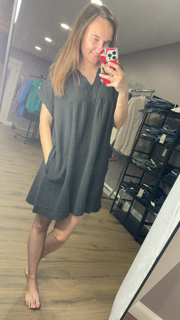 Gauze Short Sleeve V Dress