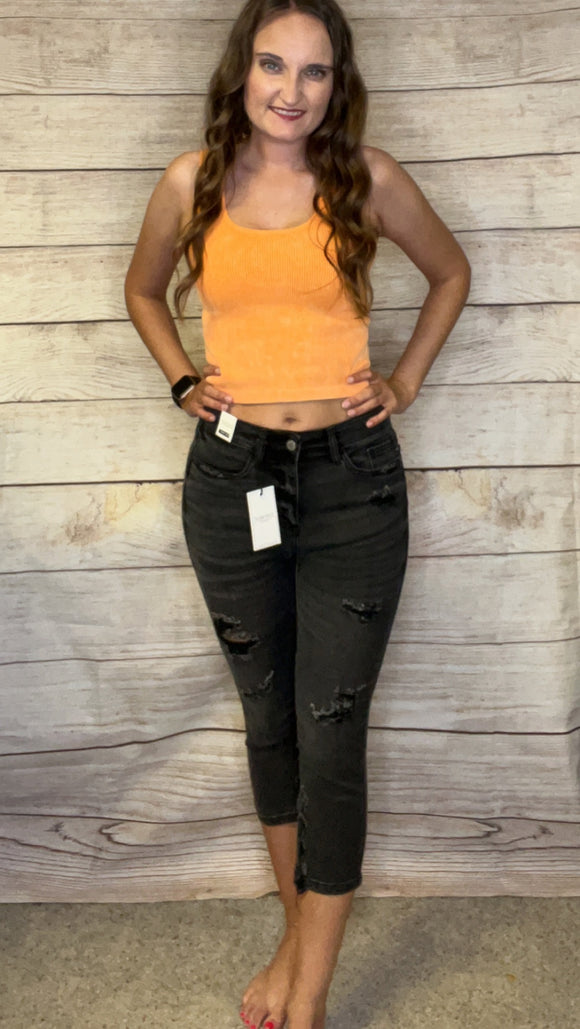 Black Wash Distressed Capri Jeans