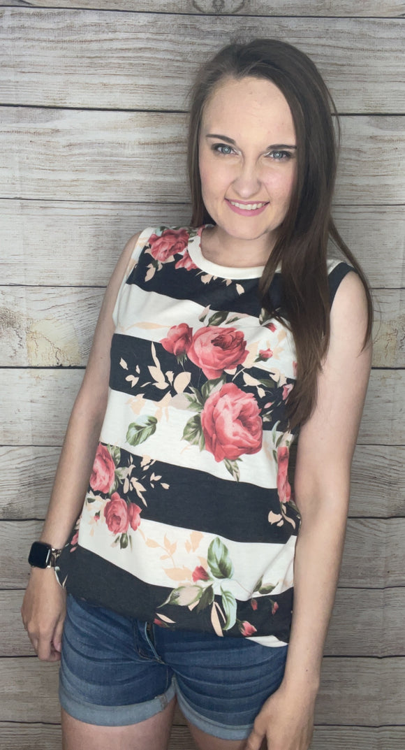 Gray Floral Striped Tank